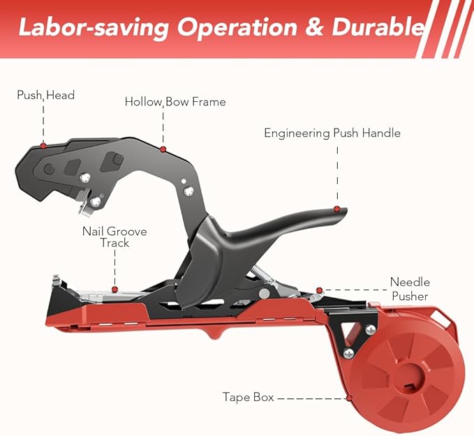 Plant Tying Machine, Lightweight Plant Tape Gun to Tie Up Vine, Plant Tying Tape Tool for Gardeners Farmers, Garden Tape Gun with 10000pcs Staples, 20 Rolls Tape, 1 SK5 Blade, 1 Gloves (Red)