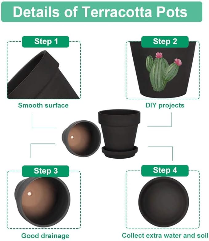 Vensovo 8 Inch Black Clay & Terracotta Pots for Plant with Saucer - 2 Pack Large Ceramic Terra Cotta Planter with Drainage Hole, Clay Flower Pot with Tray for Indoor Outdoor Plants