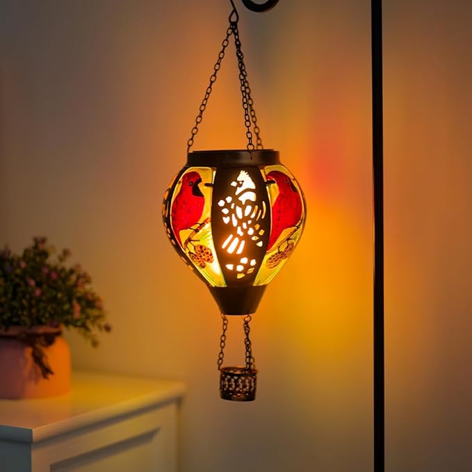 Cardinal Solar Hanging Lanterns Hot Air Balloon, Solar Outdoor Lanterns with Flame Decor for Garden Yard Patio, Cardinal Solar Lights Birthday Gift for Mom