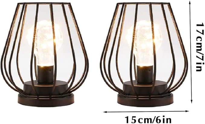 TRIROCKS Set of 2 Metal Battery Operated Lamp 7'' Tall Mini Cage Shape Cordless Table Lamp Battery Lanterns with Warm Fairy Lights Bulb for Patio Garden Wedding Parties Indoor Outdoor(Black)