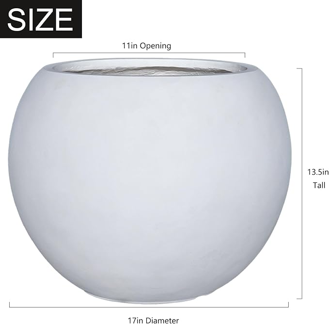 13.5 H x 17" Dia (12" Pot Opening) Round Fiberstone Planter with Drainage Hole, White, Indoor/Outdoor Large Plant Pot for Home Patio Garden, Ideal for Large Plants