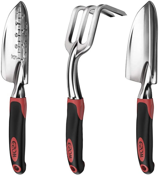 ESOW Garden Tool Set with Non-Slip Rubber Handle, 3 Piece Cast-Aluminum Heavy Duty Gardening Kit Includes Hand Trowel, Transplant Trowel and Cultivator Hand Rake, Red