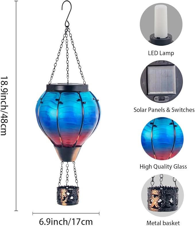 Starsoul Blue Hot Air Balloon Solar Lantern Glass Solar Hot Air Balloon Flickering Flame Hanging Garden Light Waterproof Solar Lamp Hot Air Balloon Garden Yard Farmhouse Decor