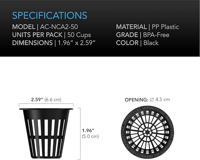 AC Infinity Net Cups 2-Inch, Heavy Duty Garden Slotted Net Pots with Wide Lip Rims, 50-Pack Black Bucket Basket for Indoor Outdoor Growing, Orchids, Aquaponics, Hydroponics