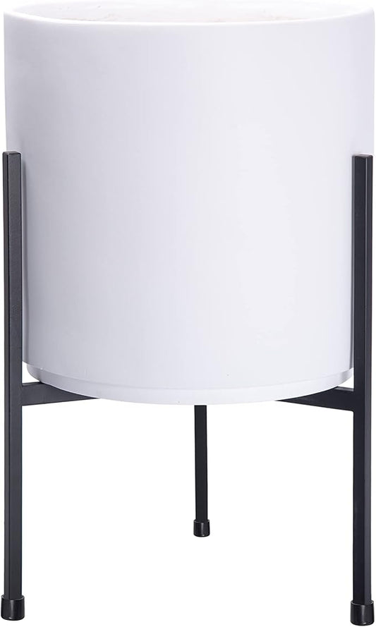 D'vine Dev Modern White Plants Pot Cylinder Planter with Heavy Duty Stand, Medium 10 Inch Pot, 16.3 Inch with Stand Height, 96-T-A-2