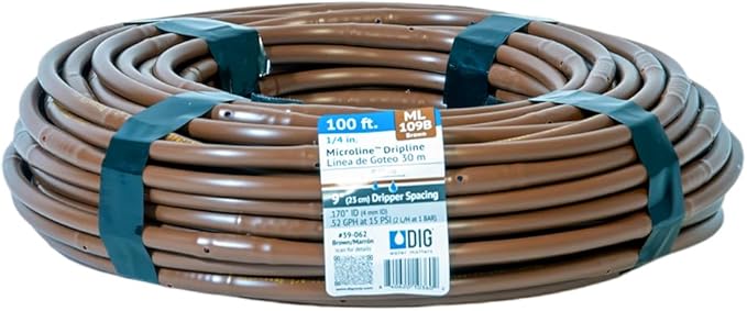DIG ML-109B ¼” 100’ MICROLINE™ Dripline, 9” Dual Outlet Emitter Spacing, UV-Resistant Tubing for Efficient Irrigation | Ideal for Raised Beds, Gardens | Flexible, Durable, Easy Installation (Brown)