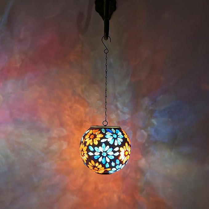 Solar Lanterns Outdoor Waterproof, Hanging Mosaic Flower Solar Lantern with Hook, Hanging Gazing Ball Globe Lantern for Garden Patio Yard Decor