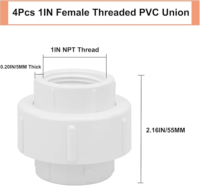 4Pcs 1Inch Female Threaded PVC Union Coupling Pipe Fitting (Female x Female) 1'' PVC FNPT Female Union Coupling Adapter for Sprinkler Pipe, Irrigation, Plumbing, Schedule 40, EPDM O-Ring