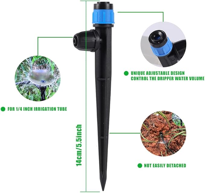 100-Pack Sprayer - Quick Connect Dripper Irrigation Emitters Adjustable 360 Degree on 5" Stake for 1/4" Drip Irrigation Tubing Irrigation Drip Ideal for (4-7mm) Garden Home Watering System
