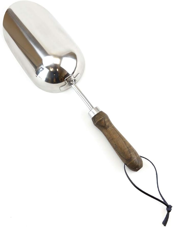 Burpee 15" Stainless Steel Soil Scoop | Durable Long Lasting Garden Tool | Leather Wrist Strap 5" Handle, Walnut