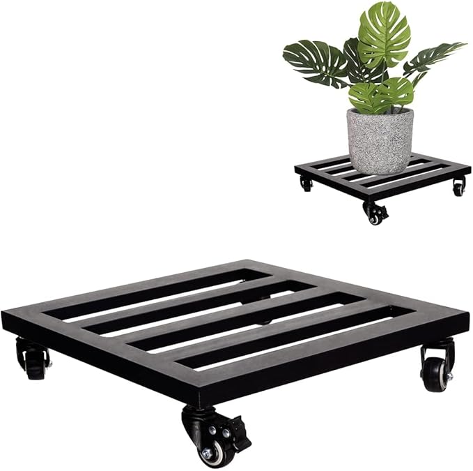 IDZO 14Inch Plant Caddy with Wheels Heavy Duty Capacity 385 Lbs, Metal Cast Iron Rolling Stray, Plant Stand with Wheels Lockable Repositioning Heavy Pots, Hauling Heavy Household Items - Black