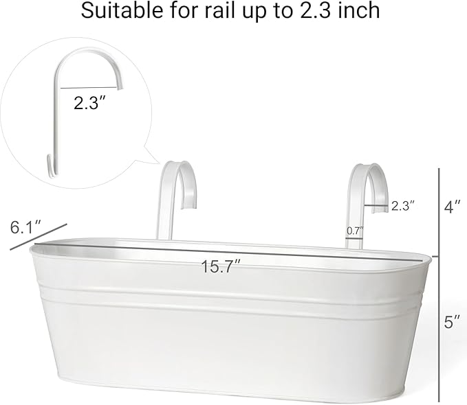 Dahey 3 Pcs Metal Iron Hanging Flower Pots for Railing Fence 15.7 Inch Hanging Bucket Pots Countryside Style Window Flower Plant Holder with Detachable Hooks for Garden Yard Home Decor, White
