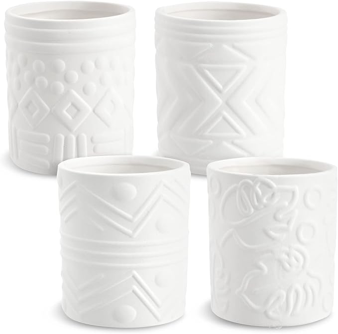 Bright Creations - Themed Designs, Unpainted Flower Pots with Drainage Holes, Rubber Plugs, and Small Sticker Pads (3x3x4 inches, White) - Set of 4