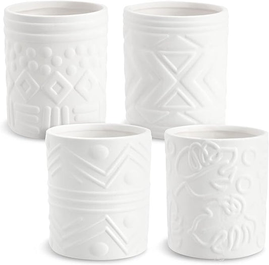 Bright Creations - Themed Designs, Unpainted Flower Pots with Drainage Holes, Rubber Plugs, and Small Sticker Pads (3x3x4 inches, White) - Set of 4