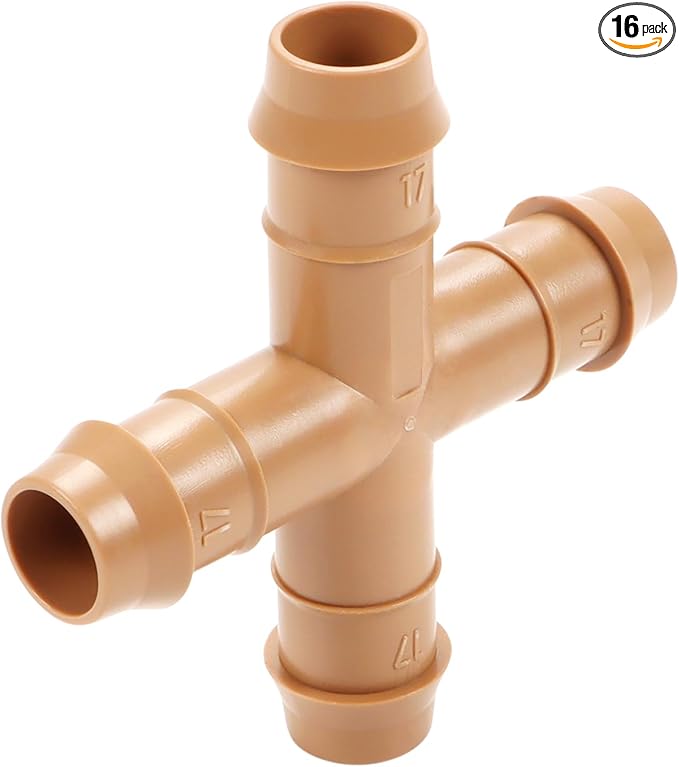 16 Pieces Drip Irrigation Cross Fittings, 1/2'' Drip Line Barbed Cross Tee Connectors for 1/2 Inch Irrigation Tubing 4-way Cross for Garden Drip Sprinkler Systems