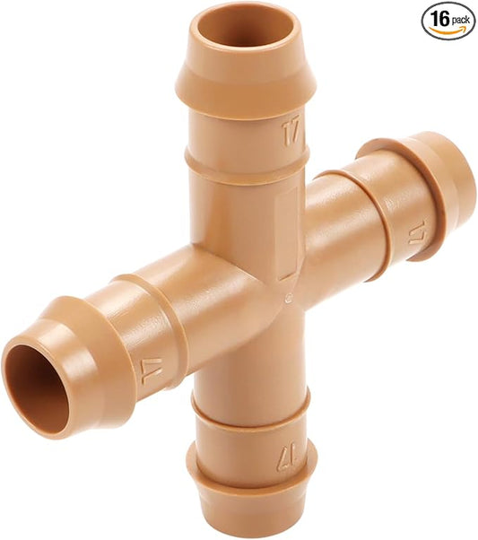16 Pieces Drip Irrigation Cross Fittings, 1/2'' Drip Line Barbed Cross Tee Connectors for 1/2 Inch Irrigation Tubing 4-way Cross for Garden Drip Sprinkler Systems