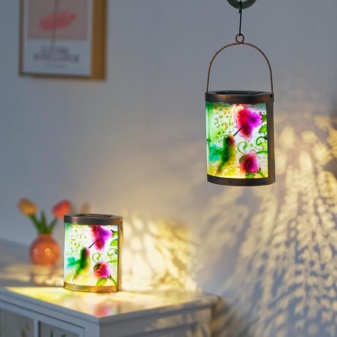 2 Pack Hummingbird Hanging Solar Lanterns Outdoor Waterproof, Tabletop Lamp Glass Solar Lantern for Patio Garden