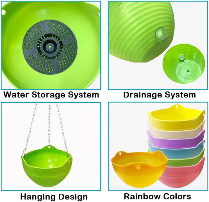 7 Pack 8 Inch Plastic Self-Watering Hanging Planters,Colorful Garden Flower Plant Pot Container,Hanging Plant Baskets with Drainer and Chain for Indoor Outdoor Use,7 Colors