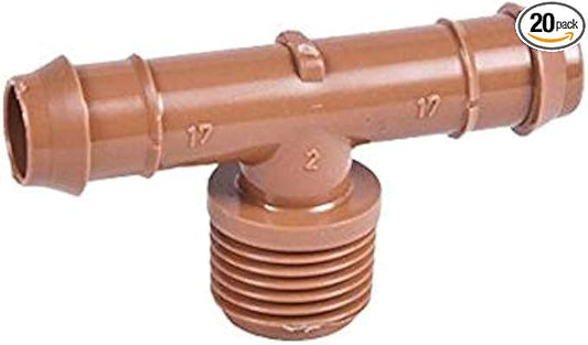 20-Pack USA Made - Drip Irrigation Brown Barbed Adapter Tee Fittings - Fits 1/2” Inch Thread x 17mm .600” ID Drip Tubing - 1/2" Inch Adapter Tee