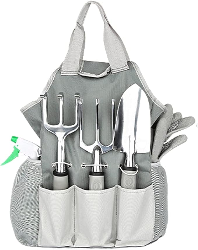 Garden Tools and Watering Set (9-Piece) | Heavy Duty Stainless Steel Hand Tool Kit with Ergonomic Handles, Gardening Gloves, and Tote Bag with Storage Pockets (Silver)