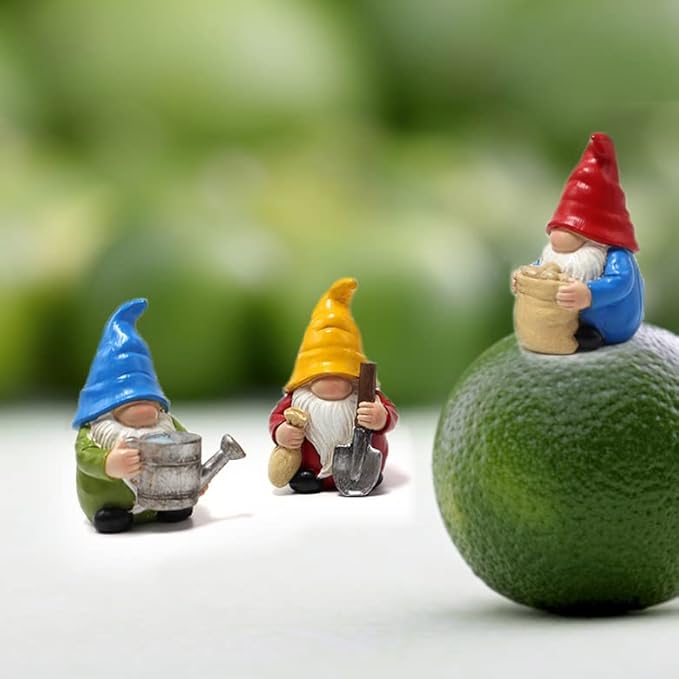 Set of 3 Mini Garden Gnome Statues - Resin Figurines for Indoor and Outdoor Decoration - Whimsical Mini Ornaments for Home, Patio, Yard, and Garden Decor