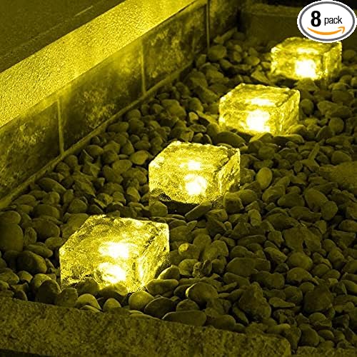 Solar Outdoor Ice Cube Lights for Garden Decoration, 2.8 ”x 2.8” Frosted Acrylic Brick Waterproof Solar Landscape Lights for Tabletop Yard Patio Pathway Decor (Warm White) (8 Pieces)