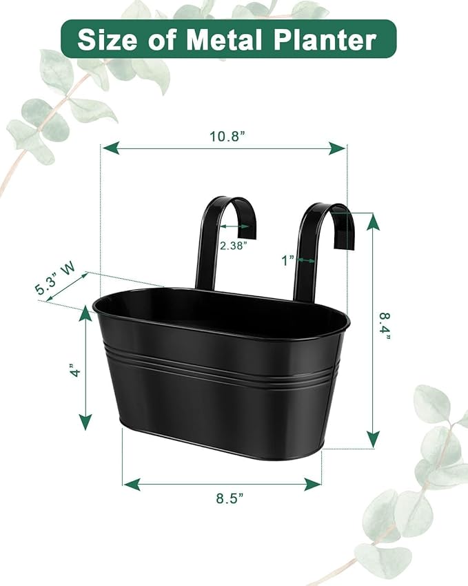 vensovo Metal Railing Planter for Outdoor Plants - 3 Pack Balcony Hanging Flower Pots with Detachable Hooks and Drain Holes Oval Bucket Rail Box Fence Planters for Home Garden Decor, Black