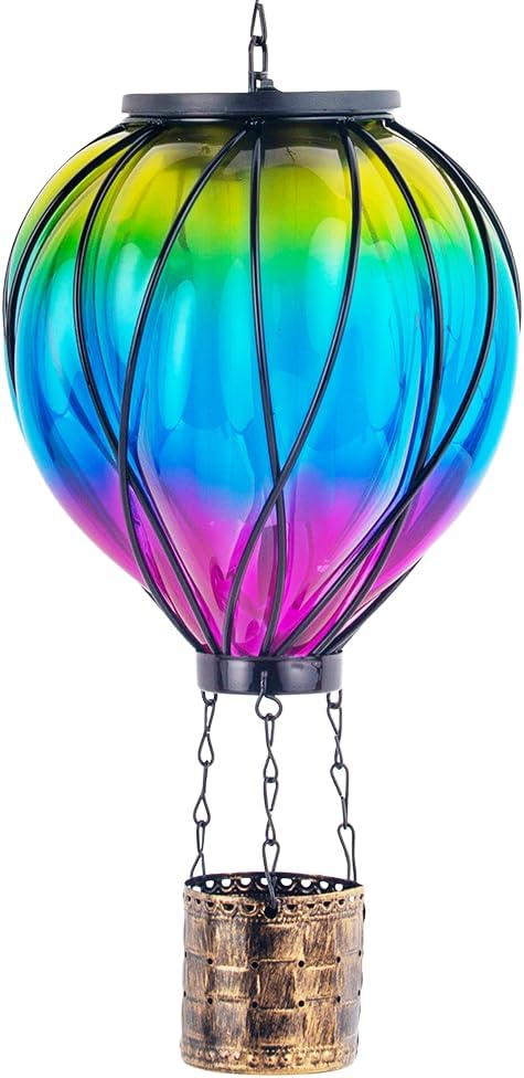 Gradient Color Solar Hot Air Balloon Outdoor Lantern with Flickering Flame Hanging Outdoor Lantern Waterproof Decorative Lantern Lamp for Patio, Garden, Porch