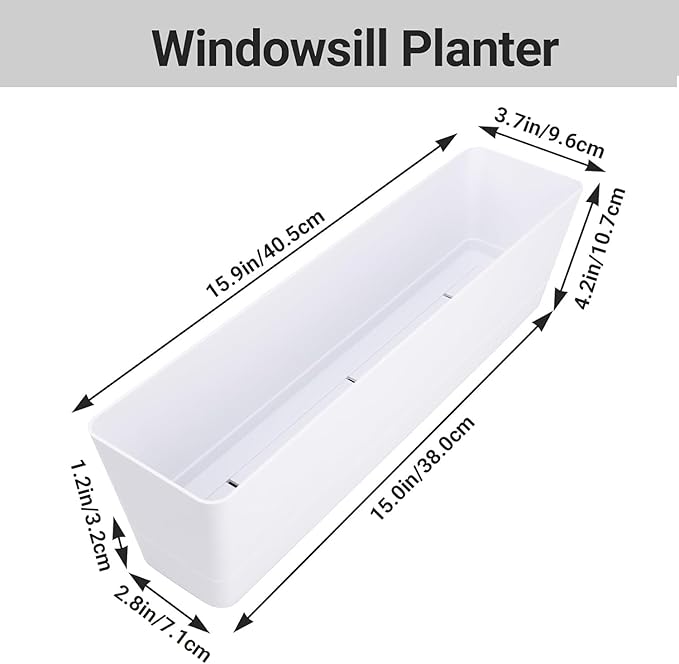GREANER Long Window Boxes Planters, 6 Pack 16x3.8 Inch Vegetable Box Pot with Tray, Indoor Succulent Cactus Flowers Plastic Rectangle Pot for Balcony, Office, Garden, Outdoor, Windowsill - White
