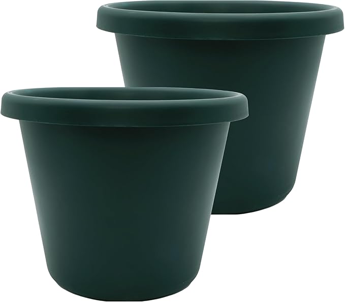The HC Companies 11.5 inch Round Classic Planter - Plastic Plant Pot for Indoor Outdoor Plants Flowers Herbs, Evergreen (2 Pack)