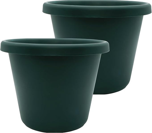 The HC Companies 14 inch Round Classic Planter - Plastic Plant Pot for Indoor Outdoor Plants Flowers Herbs, Evergreen (2 Pack)