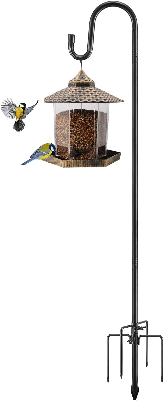 Bird Feeder Pole, 62 Inch & 5/8 Inch Diameter Stainless Steel Heavy Duty Shepherds Hooks for Outdoor to Hang Outdoor Lights with 5 Prongs Base, Rustproof for Garden Decor or Wedding Decors(Black)