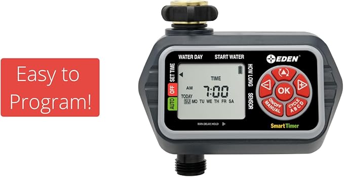 Eden 93411 1-Zone Digital Water Timer with LCD Display - Programmable Sprinkler System Manual Watering Rain Delay and Moisture Sensor Compatibility