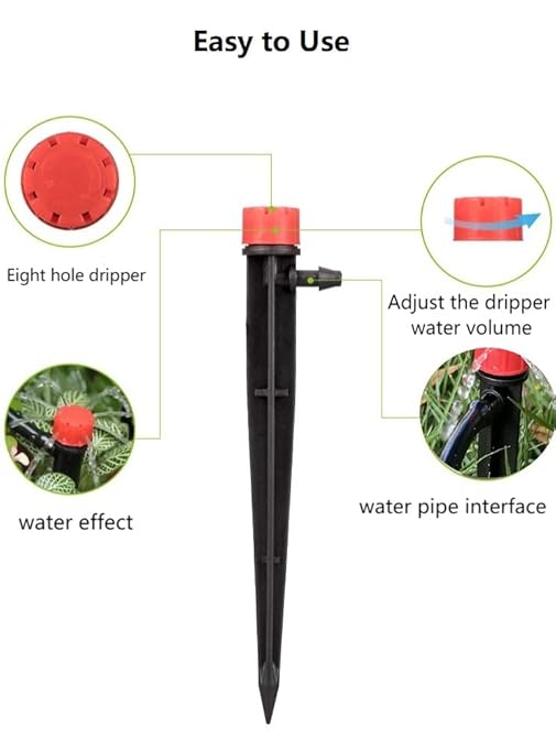 50pcs Drip Emitters for 1/4" Drip Irrigation Tubing, Adjustable 360 Degree Water Flow Drippers on 5" Arrow Stake, Garden Irrigation Drippers for (4-7mm) Watering System