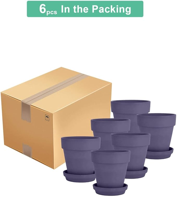 vensovo 4 Inch Small Purple Terracotta Plant Pots with Saucer - 6 Pack Clay Flowerpots with Drainage, Great for Indoor Outdoor Plants, Crafts, Wedding Favor