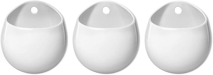 Mkono 4 Inch Wall Mounted Planter Round Ceramic Hanging Plant Holder Decorative Flower Display Vase Succulent Pots for Indoor Plants, Set of 3, White (Plants NOT Included)