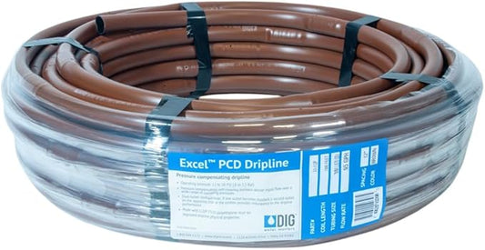 DIG A1-112P 17 MM EXCEL PCD Dripline with two outlets, 100 ft .95 GPH, 12 in. Spacing, for even irrigation uniformity along the dripline (.570 in. ID x .670 in. OD), Brown