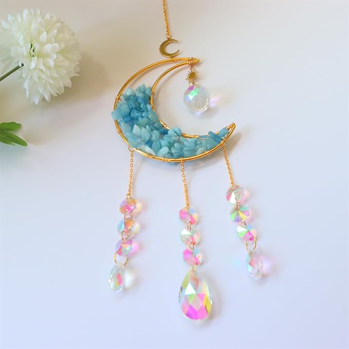 Crystal Suncatcher Hanging Moon Sun Light Catcher with Glass Prisms for Window Natural Kyanite Crystal Decor Home Indoor Making Rainbows