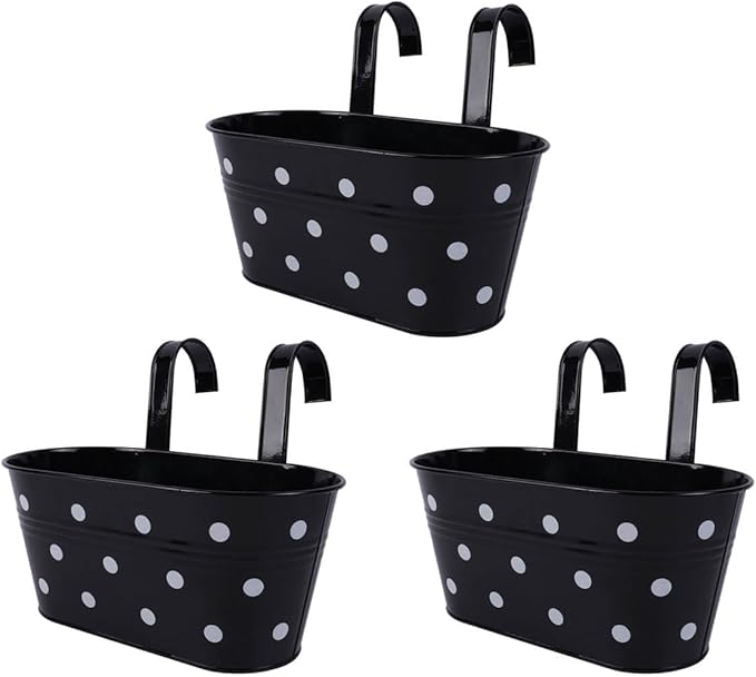 vensovo Metal Railing Planter for Outdoor Plants - 3 Pack Balcony Hanging Flower Pots with Detachable Hooks and Drain Holes Oval Bucket Rail Box Fence Planters for Home Garden Decor, Black with Spot