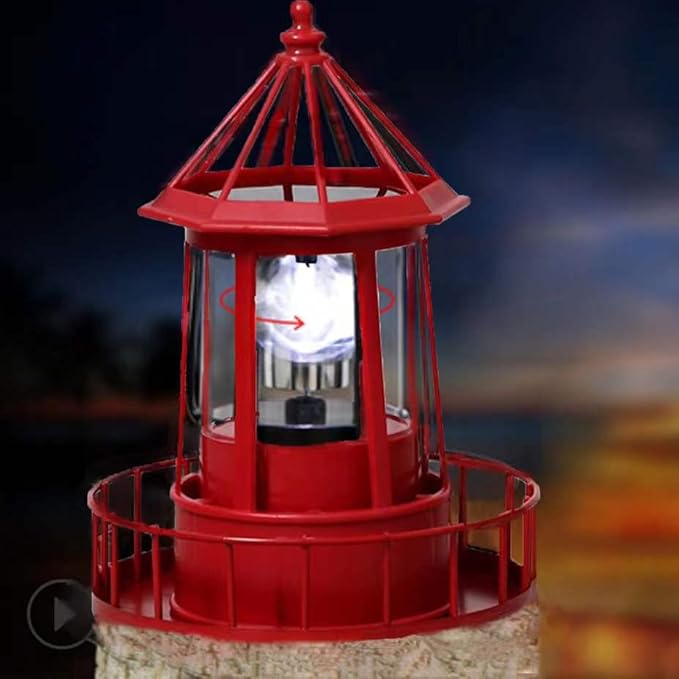 LED Solar Powered Lighthouse, 360 Degree Rotating Lamp Courtyard Decoration Waterproof Garden Smoke Towers Statue Lights for Outdoor Patio Garden Pathway