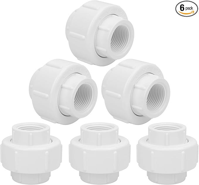 6Pcs 3/4Inch Female Threaded PVC Union Coupling Pipe Fitting (Female x Female) 3/4'' PVC FNPT Female Union Coupling Adapter for Sprinkler Pipe, Irrigation, Plumbing, Schedule 40, EPDM O-Ring