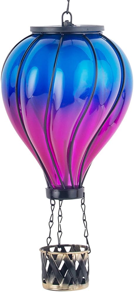 Starsoul Glass Hot Air Balloon Solar Lantern with Flickering Flame Light Blue & Purple Solar Powered Hot Air Balloon Lamp Waterproof Hanging Solar Lantern for Garden Yard Patio Porch Decor