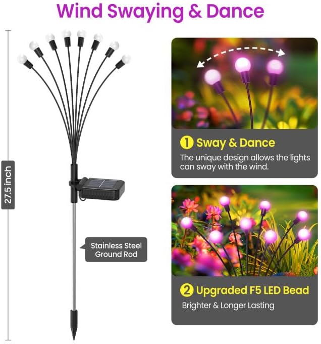 LETMY Solar Garden Lights - 6 Pack Upgraded Swaying Solar Lights Outdoor, 48 LED Firefly Lights Outdoor Waterproof Garden Decorations for Yard Patio Pathway (Purple)