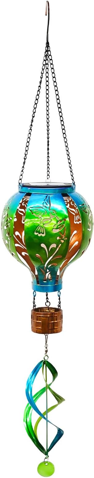 Hot Air Balloon Solar Lantern Hummingbird Wind Spinners with Flickering Flame Light Hanging Solar Lantern Outdoor Waterproof Decorations for Outside Patio Garden Yard