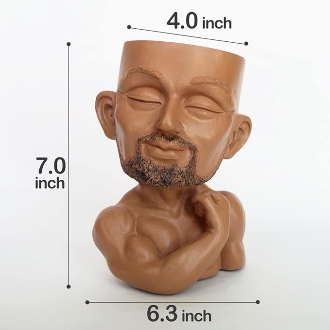Beefcake Face Planter Pots Head Planter Man Face Planters Pot Head Face Flower Pot Head Planter with Drainage Hole Mscular Man(Brown)