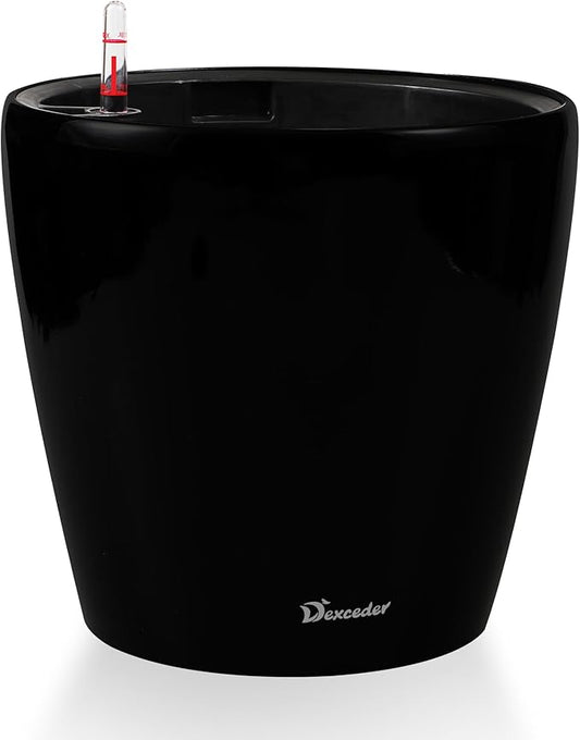 Dexceder 18x17 Self Watering Planter with Wheels Indoor Outdoor, Inner Pot Design, Thickened Large Floor Standing Flower Plant Pot with Water Level Indicator (Black Matte)