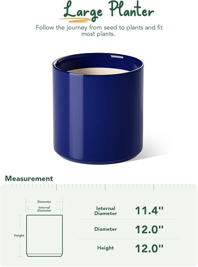 LE TAUCI 12 Inch Pots for Plants, Ceramic Large Plant Pot for Indoor Plants, Mid-Century Modern Flower Planter Pots with Drainage Hole and Removable Plug, Round Planter Pot, Sapphire Blue