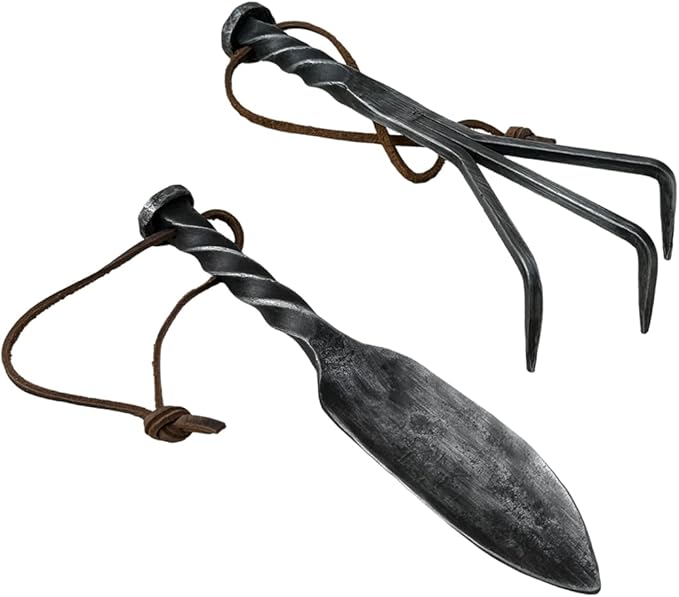 Hand Forged Twisted Metal Garden Tools Set of 2 Pcs Wrought Iron Handmade Garden Transplant Trowel and Rack Tools for Garden Cultivator Black Antique Finish Heavy Duty Garden Tools by Living IDEA