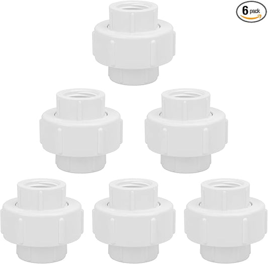 6Pcs 1/2Inch Female Threaded PVC Union Coupling Pipe Fitting (Female x Female) 1/2'' PVC FNPT Female Union Coupling Adapter for Sprinkler Pipe, Irrigation, Plumbing, Schedule 40, EPDM O-Ring
