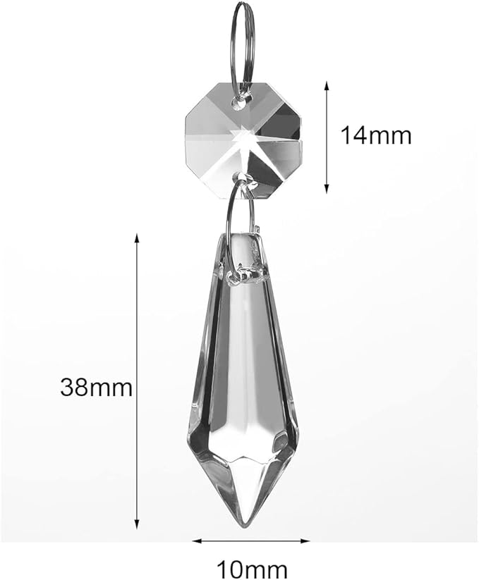 HDCRYSTALGIFTS Clear Chandelier Icicle Crystal Prisms Octogan Glass Bead for Lamp Decoration,Pack of 50 (38mm&Silver Circle Clips)